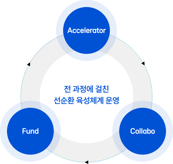전 과정에 걸친 선순환 육성체계 운영 (Accelerator > Collabo > Fund)